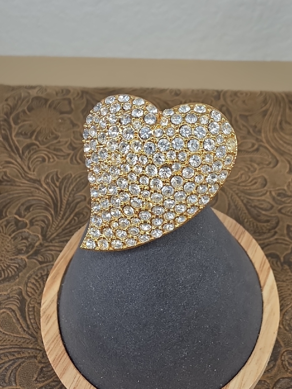 Vintage Gold Heart Shaped Sparkling Crystal Statement Pin